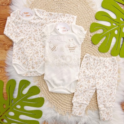 CONJ. DE MALHA 3 PEÇAS - Abelha Fofa com Tule - Off White e Ferrugem